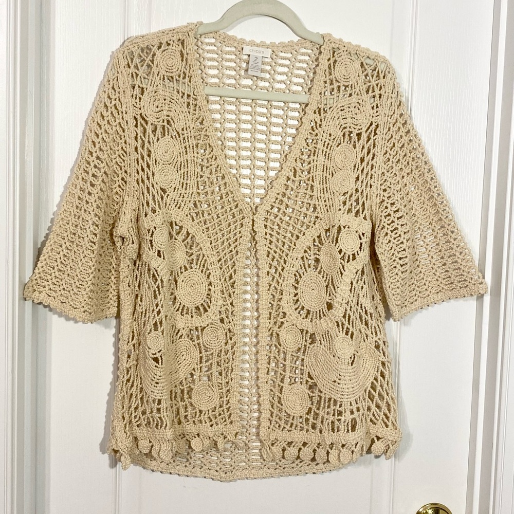 Chico’s Crochet Shimmer Open Knit Short Sleeve Cardigan Wheat Size 2 (Large)